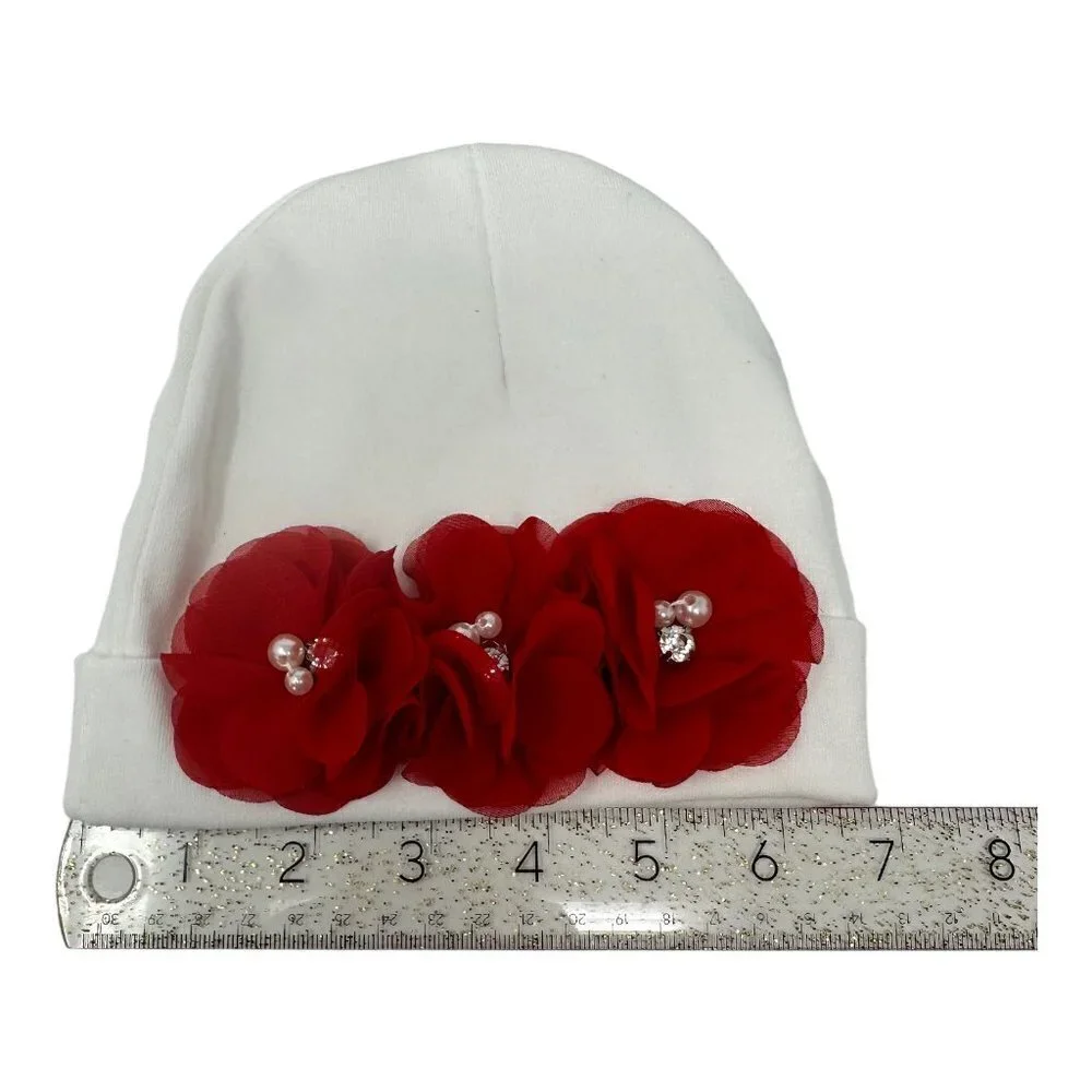 Handmade Infant Girl Beanie Hat Red White Neutral Christmas Holidays Valentines